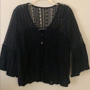 Black lace bell sleeve button down blouse